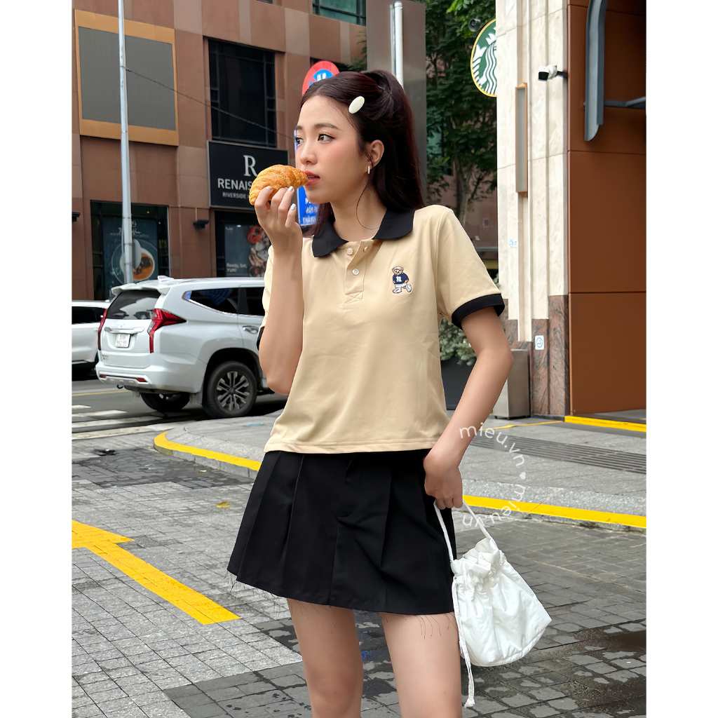 Áo thun nữ cổ polo trẻ trung chất thun cá sấu loại 1 thêu gấu đáng iu MIEU - KS02