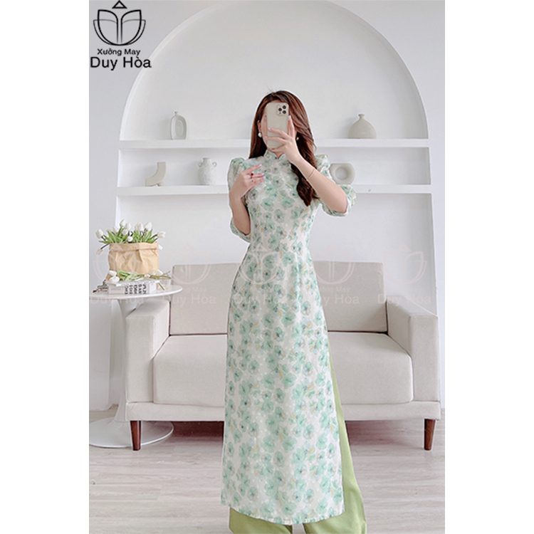 Áo dài hoa nhí màu xanh cách tân 4 tà tay bồng cổ hai phần duyên dáng thướt tha ,mịn màng- HN008