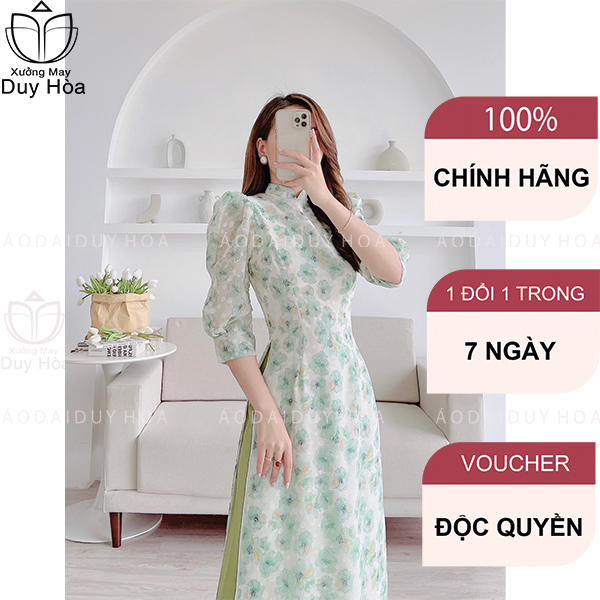 Áo dài hoa nhí màu xanh nõn chuối cách tân 4 tà tay bồng cổ hai phần duyên dáng thướt tha - HN008