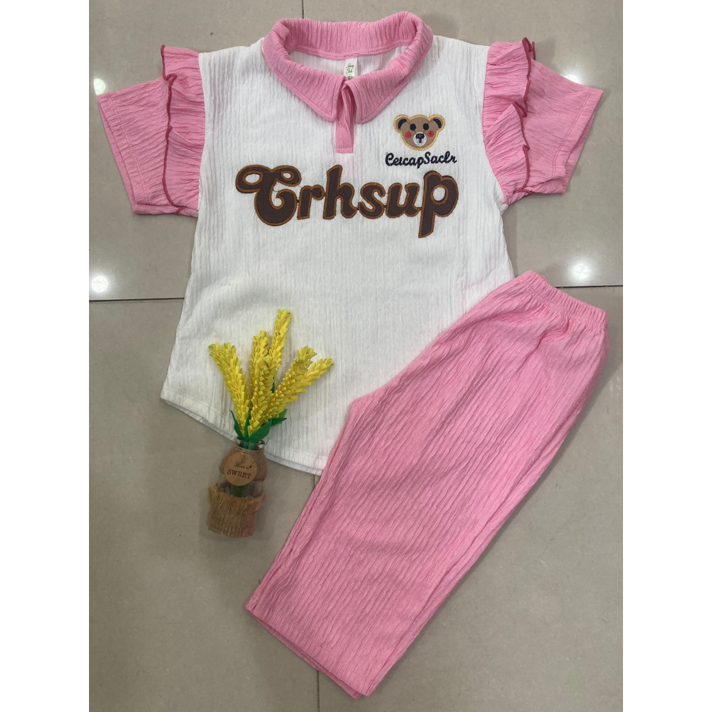 Set áo thêu  + quần lửng vải xốp siêu cute, thoải mái cho bé gái mặc nhà, đi chơi