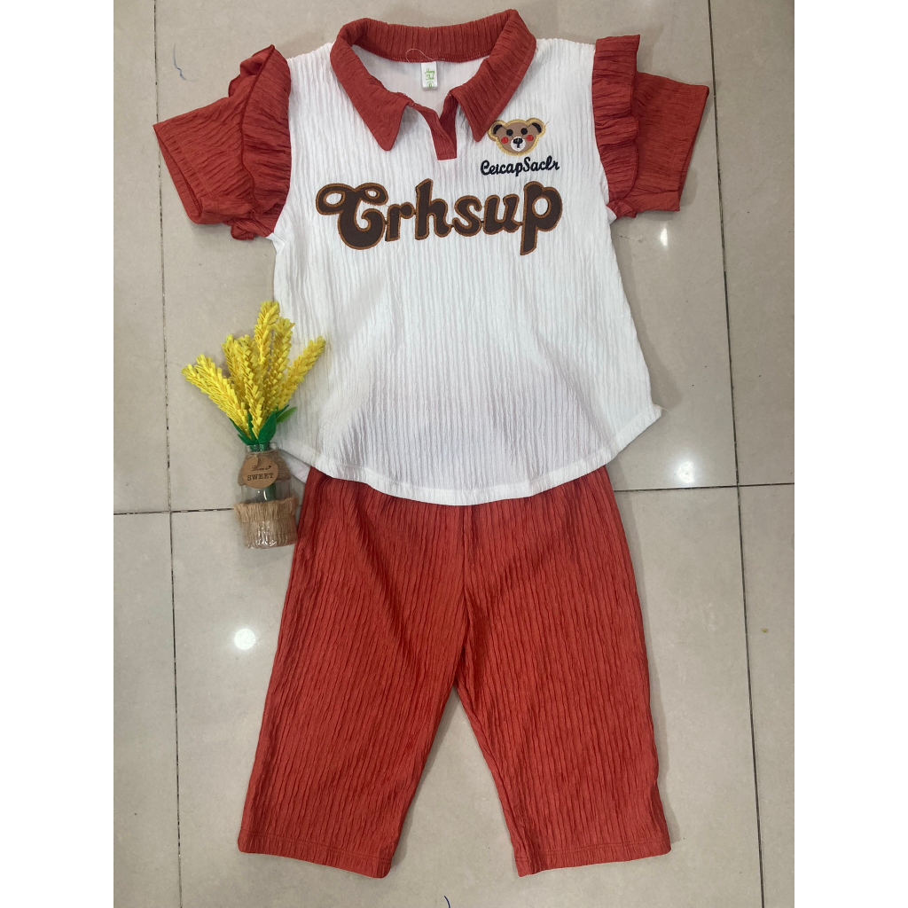 Set áo thêu  + quần lửng vải xốp siêu cute, thoải mái cho bé gái mặc nhà, đi chơi