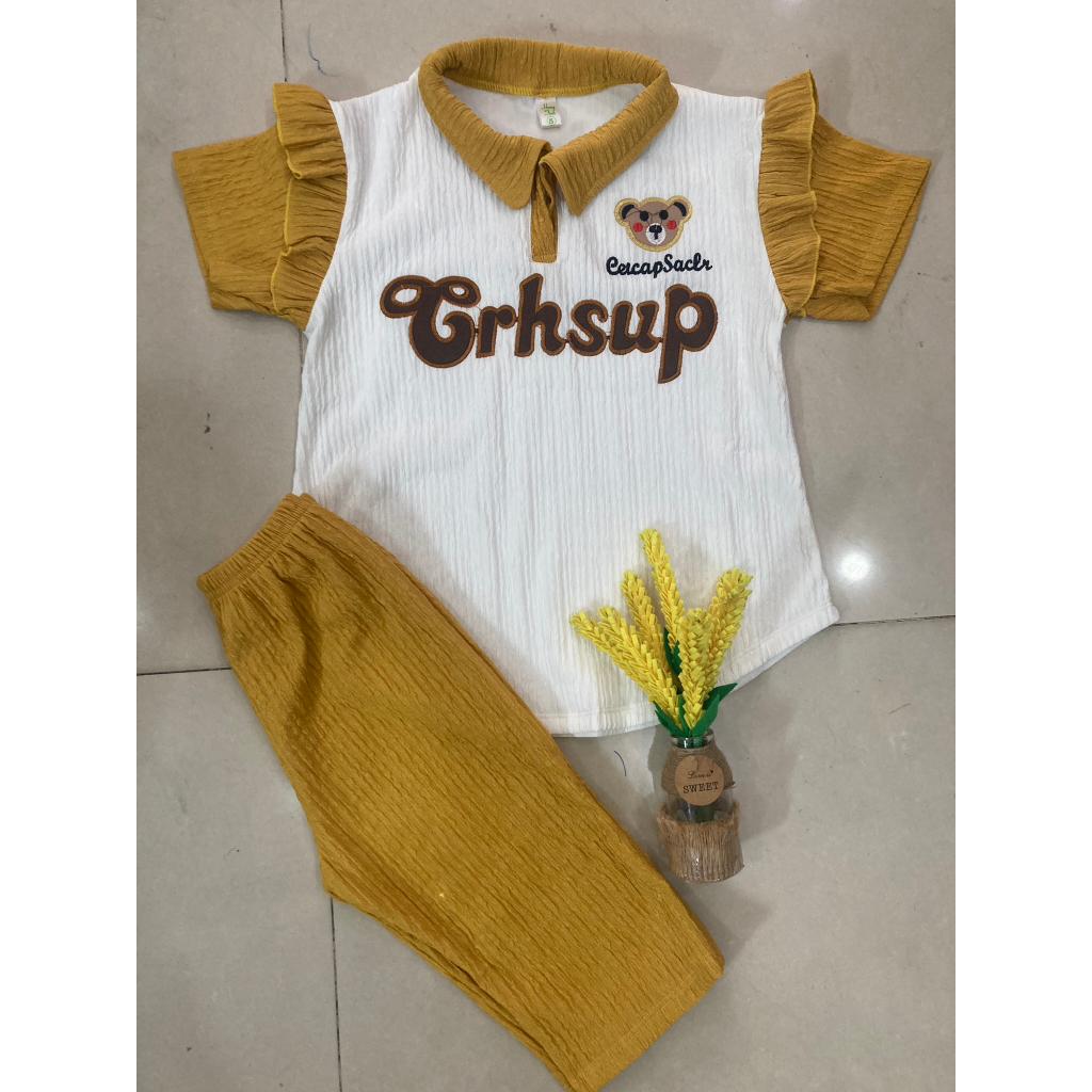 Set áo thêu  + quần lửng vải xốp siêu cute, thoải mái cho bé gái mặc nhà, đi chơi