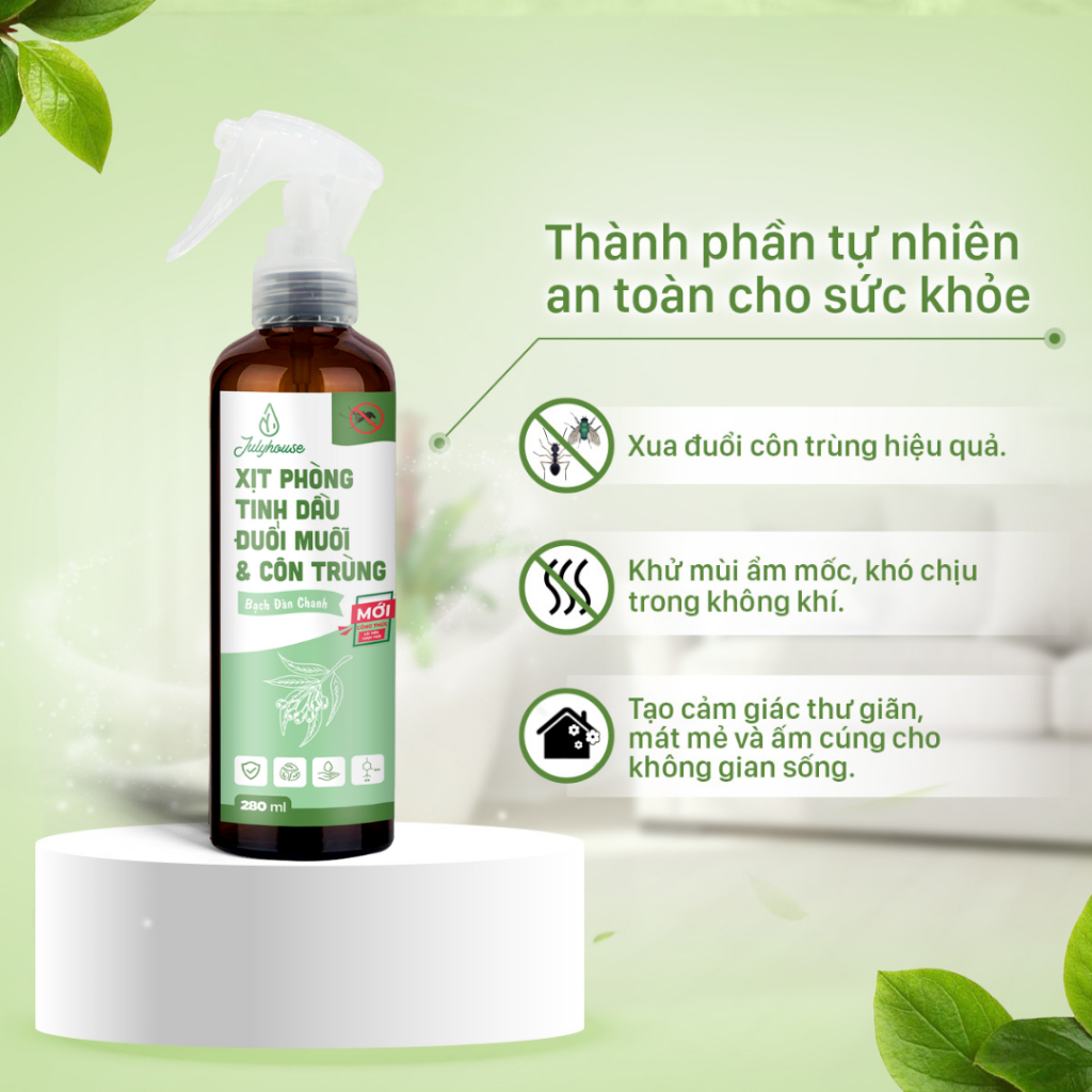 Bình xịt Phòng tinh dầu Hương Bạch Đàn Chanh 280ml JULYHOUSE công dụng khử mùi đuổi muỗi côn trùng hiệu quả