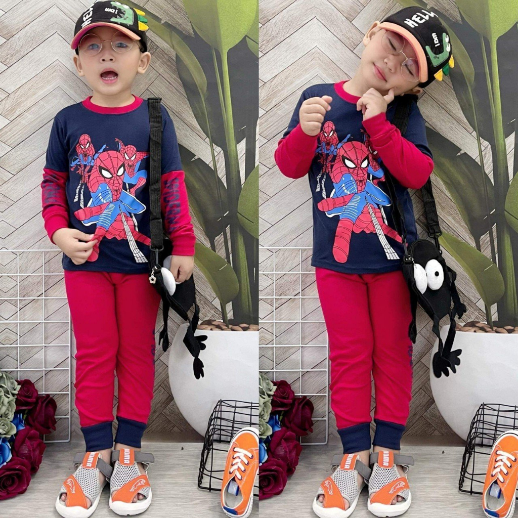 Bộ dài tay dài chân bé trai bộ siêu nhân nhện 8-22kg vải xuất loại 1 sỉ bộ dài cho bé