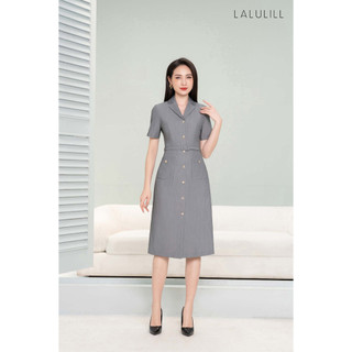 Đầm công sở cổ 2 ve LALULILL đai eo túi ốp màu ghi tàn LDL2300902
