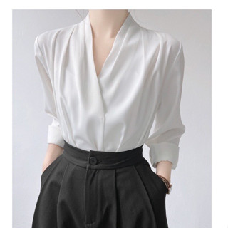 Áo sơ mi công sở lụa dài tay cổ V HINSTORE áo kiểu lụa xếp ly vai tay bồng 232