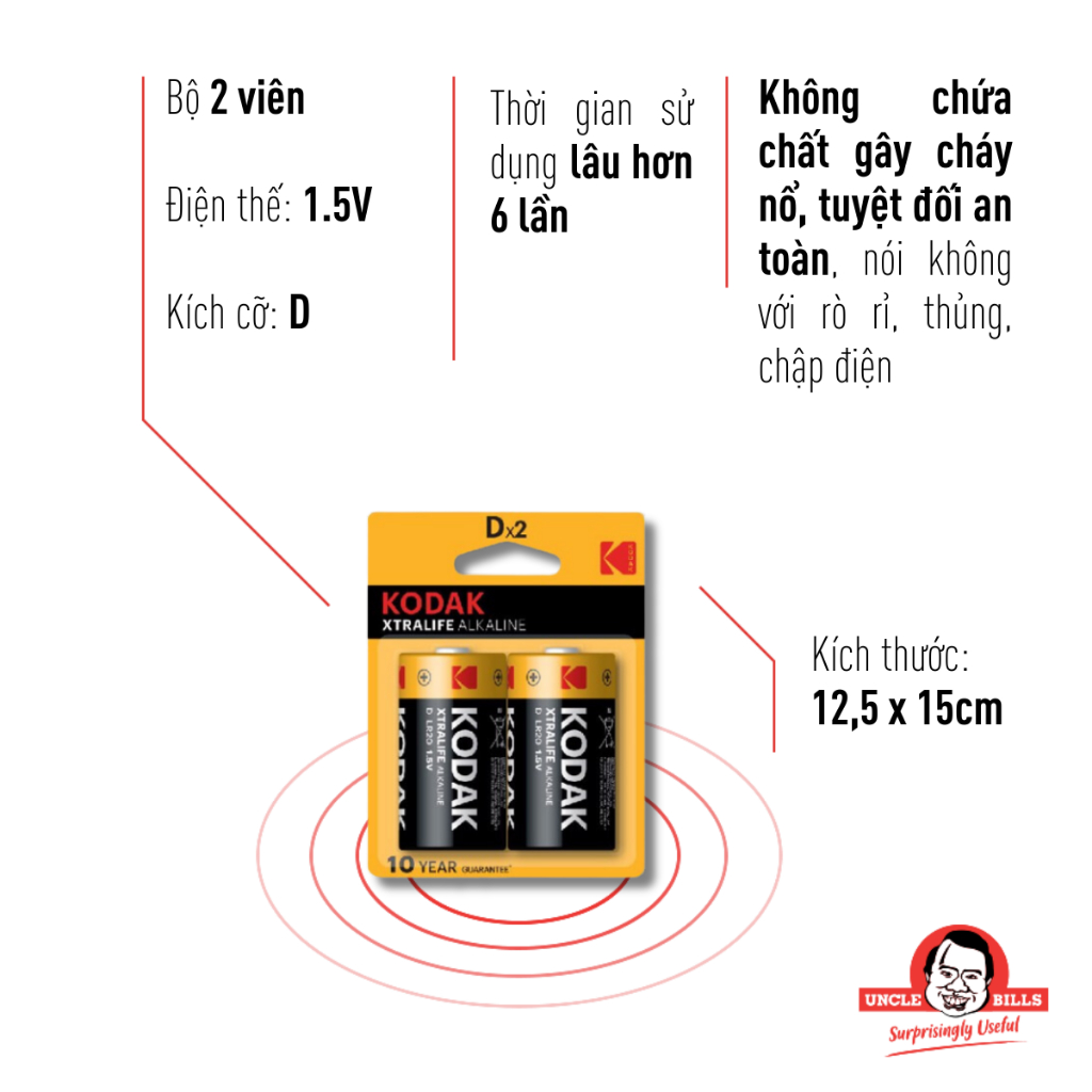 Bộ 2 pin đại Kodak Alkaline D điện thế 1.5V Uncle Bills IB0161 siêu bền hàng nhập khẩu chính hãng pin đèn pin