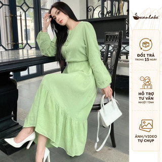 SWANLAKE | Đầm Maxi Cổ Tròn Tay Dài Thêu Họa Tiết Chất Xô Muslin Mềm, Dày Dặn Cao Cấp - MÃ: D10420LW02