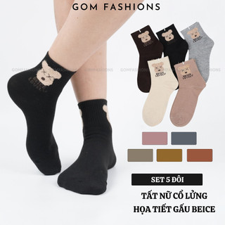 Set 5 đôi tất nữ cổ trung GOMTAT hoạ hình gấu, chất liệu cotton co giãn, khử khuẩn thoáng khí  -LISU17-LUNG-GAU-BEICE