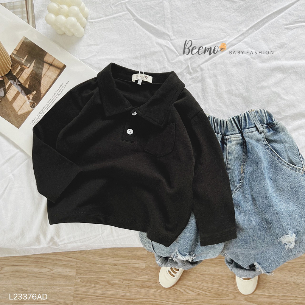 Áo phông polo dài tay phối túi cho bé trai, áo thun trơn màu cổ đức dài tay cho bé Beemo