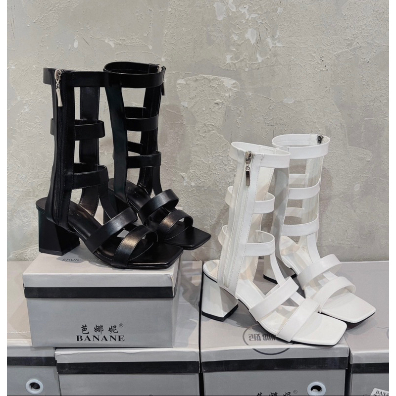 Sẵn Hàng /Giày Sandal dây chiến binh đế vuông cao 5cm màu đen trắng đi sang xịn hàng fullbox siêu đẹp