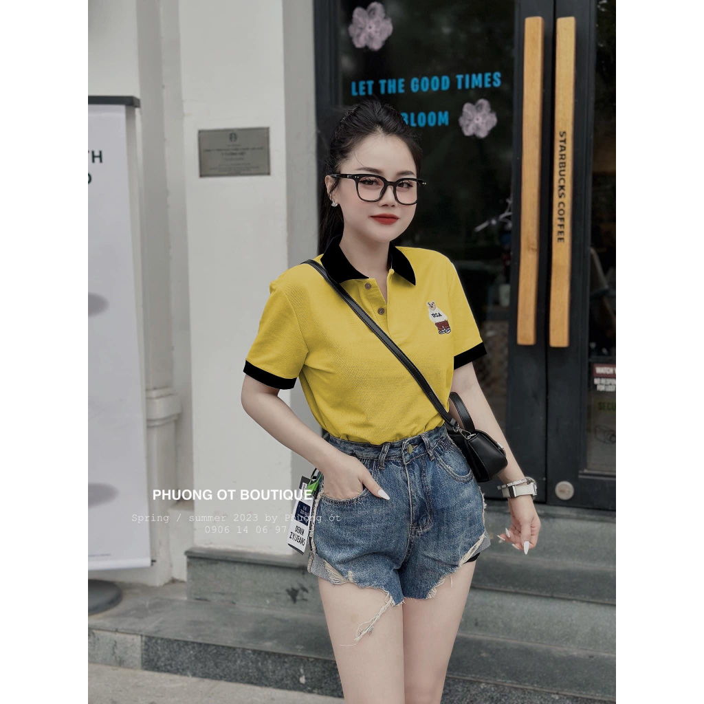 Áo polo nữ thêu gấu, áo polo chất vải poly cá sấu cho nữ