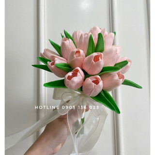 HOA CẦM TAY CÔ DÂU, HOA CƯỚI CÔ DÂU HOA TULIP LỤA MÀU HỒNG PASTEL, PHỤ KIỆN CHỤP HÌNH CƯỚI