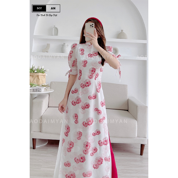 Áo dài hoa nhí màu đỏ điểm xuyết,cách tân 4 tà tay bồng cổ hai phần duyên dáng thướt tha - HN007