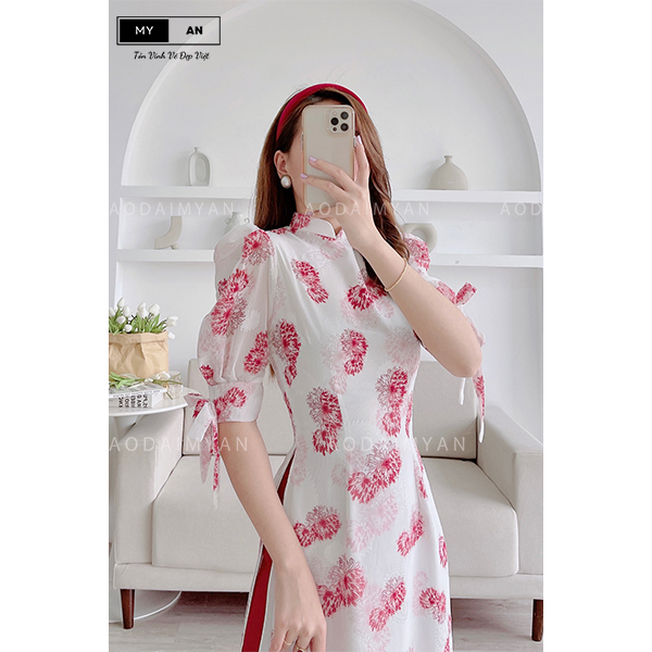 Áo dài hoa nhí màu đỏ điểm xuyết,cách tân 4 tà tay bồng cổ hai phần duyên dáng thướt tha - HN007