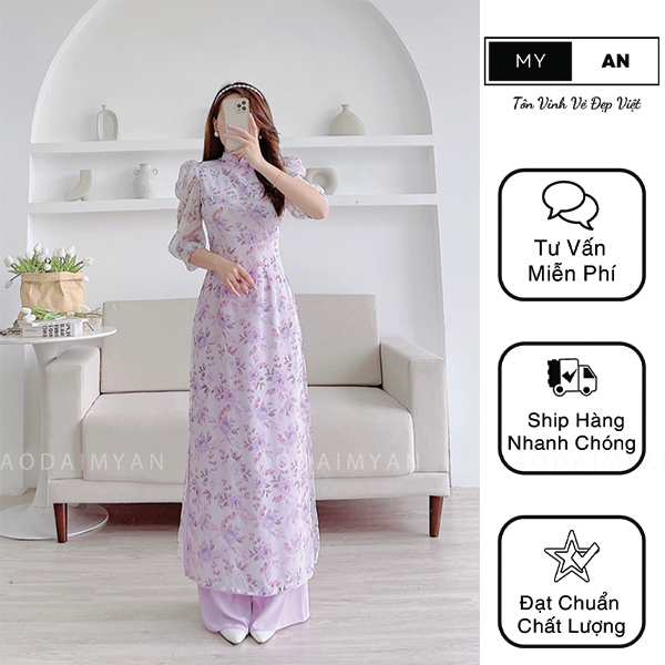 Áo dài hoa nhí màu tím duyên dáng, thướt tha,cách tân 4 tà tay bồng cổ hai phần- HN009