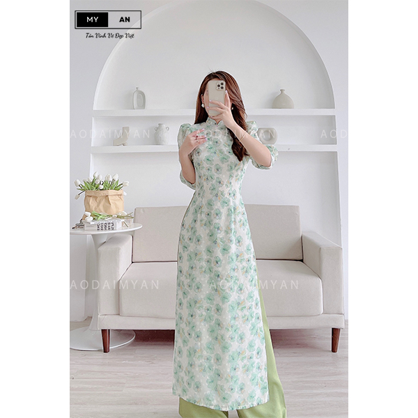 Áo dài hoa nhí 4 tà màu xanh cách tân,tay bồng cổ hai phần duyên dáng thướt tha - HN008