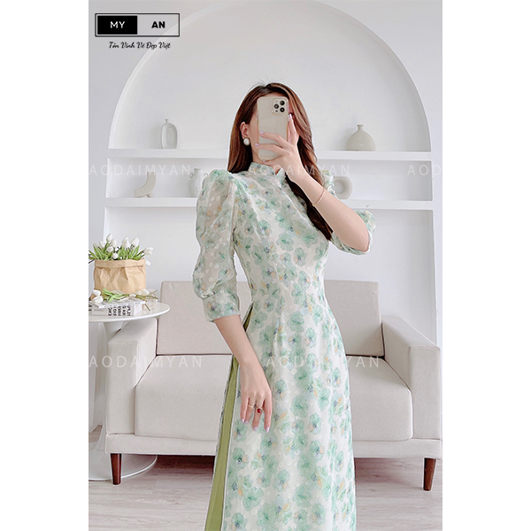 Áo dài hoa nhí 4 tà màu xanh cách tân,tay bồng cổ hai phần duyên dáng thướt tha - HN008