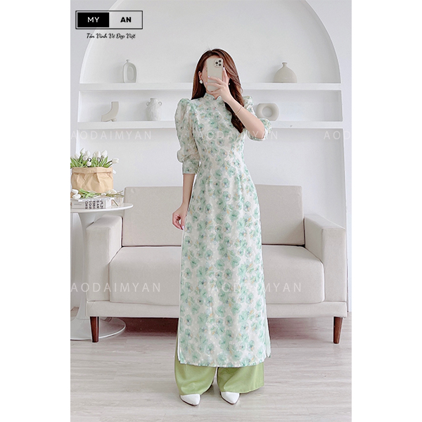 Áo dài hoa nhí 4 tà màu xanh cách tân,tay bồng cổ hai phần duyên dáng thướt tha - HN008