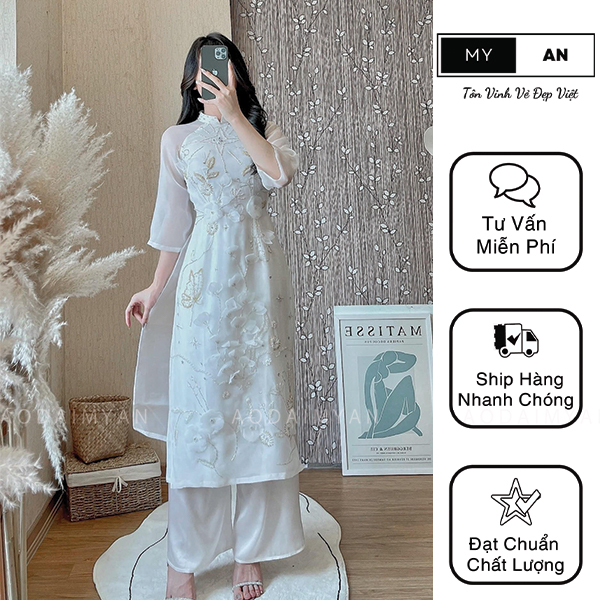 Áo dài Mita, áo dài cách tân thiết kế màu trắng, bốn tà đính hạt cúc đẹp duyên dáng thướt tha