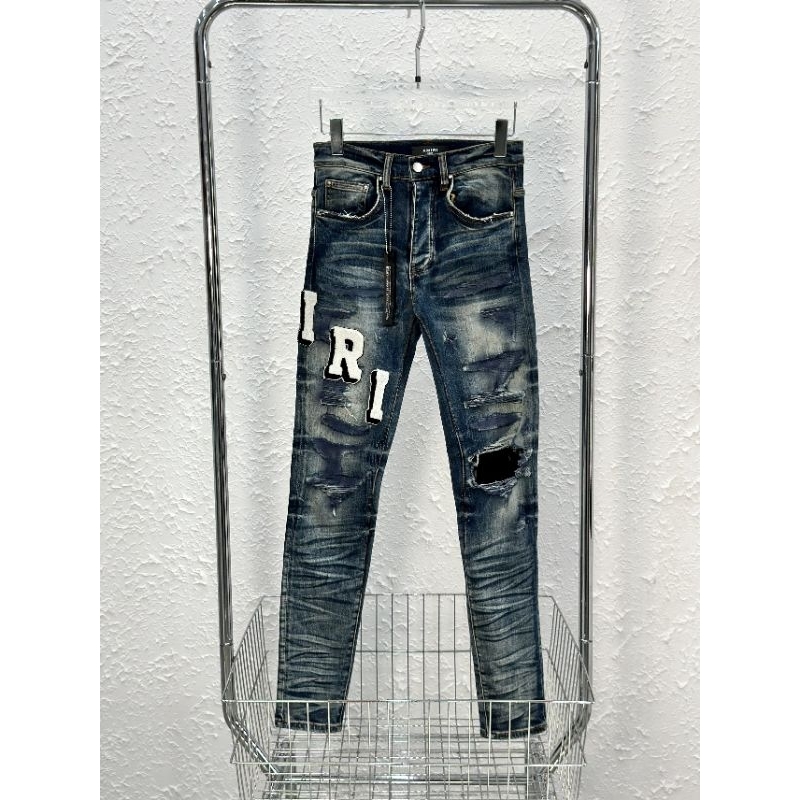 ⚡️[Hight Quality] Quần Jeans Amiri Xanh Loang Wash Rách Phối Chữ Thêu Tinh Tế - Dáng Biker - Hàng Lo