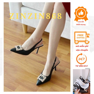 Giày sandal nữ mũi nhọn cao gót 8 phân đá hoa  ZINZIN868( form to lùi size khi đặt)( bít mũi quai hậu khoá đá hoa trà 8f