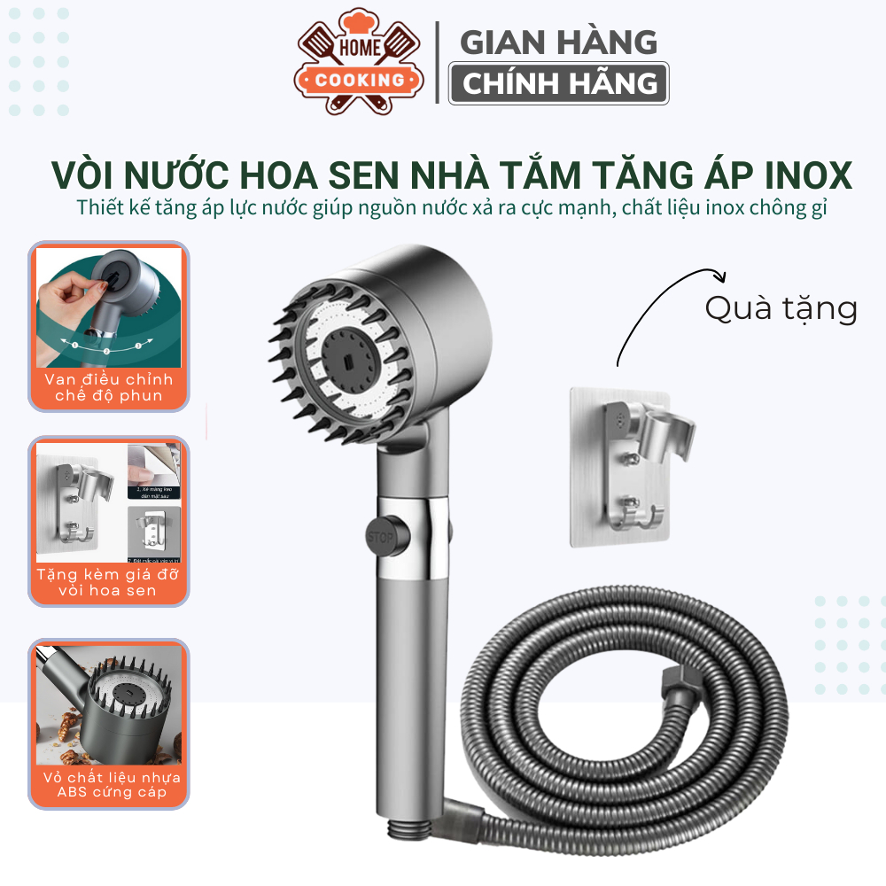 Vòi hoa sen tăng áp lực nước nhà tắm 4in1 chất liệu inox chống gỉ tay cầm đen nhám 4 chế độ xả nước,tặng kèm giá đỡ vòi