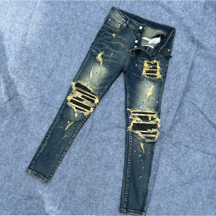 Quần Jean Vẩy Sơn Amiri Vá Da Nhăn Đen Quần Bò Nam Xanh Sẫm Vladak Lót Da Cao Cấp Chất Co Dãn 4 Chiều