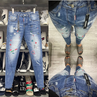 Quần jean bò nam Dsq2 slimfit wash xann bạc in hoạ tiết sticker hoa sao chữ thêu lá phong túi sau hot 2023