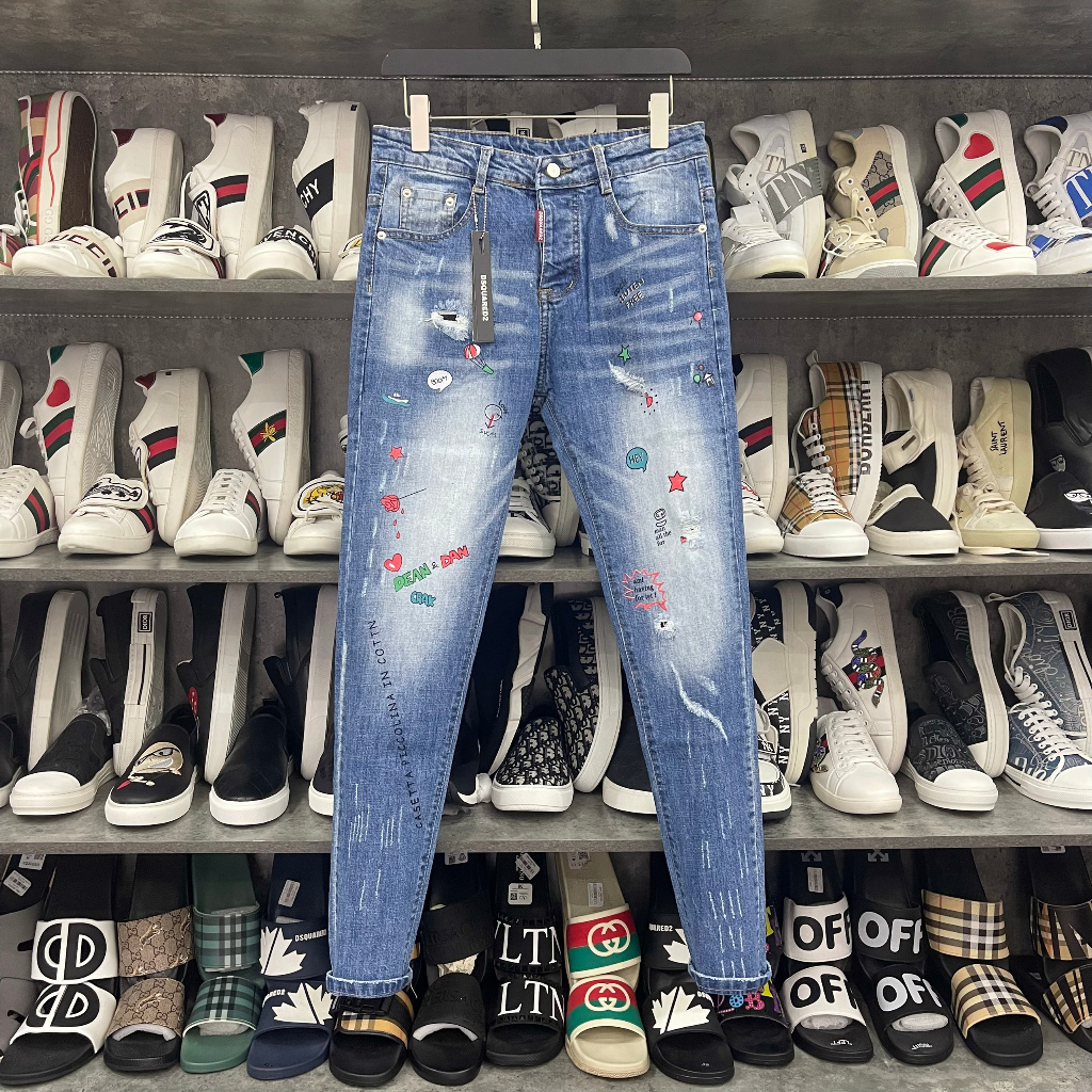 Quần jean bò nam Dsq2 slimfit wash xann bạc in hoạ tiết sticker hoa sao chữ thêu lá phong túi sau hot 2023