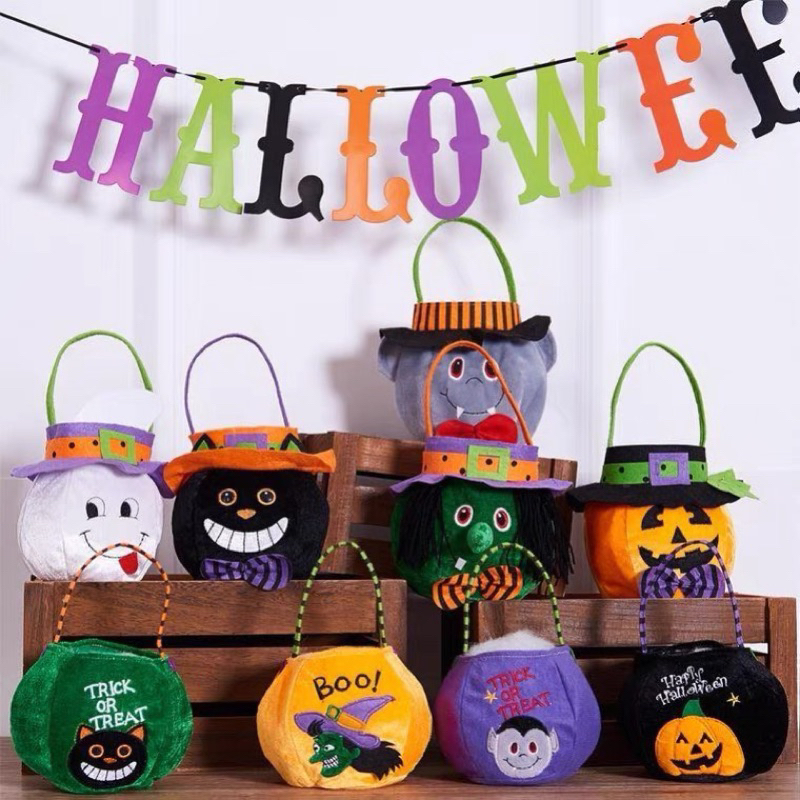 Túi đựng kẹo cầm tay bằng nhung trang trí hình bí ngô phù thuỷ Halloween xinh xắn cho bé trai bé gái