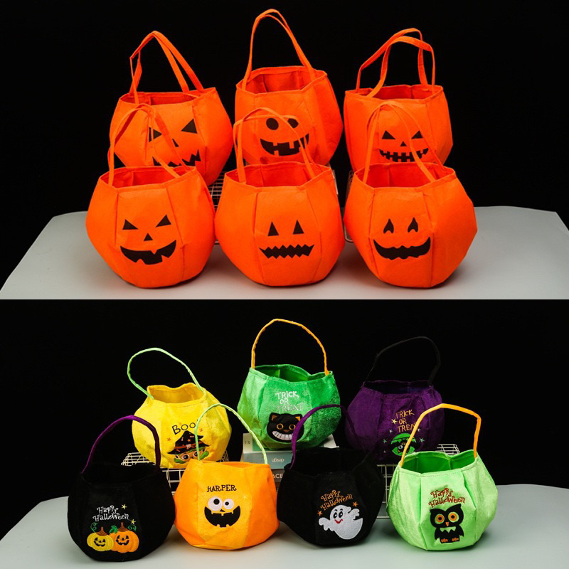 Túi đựng kẹo cầm tay bằng nhung trang trí hình bí ngô phù thuỷ Halloween xinh xắn cho bé trai bé gái