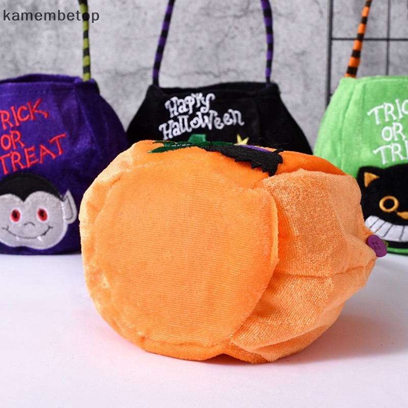 Túi đựng kẹo cầm tay bằng nhung trang trí hình bí ngô phù thuỷ Halloween xinh xắn cho bé trai bé gái