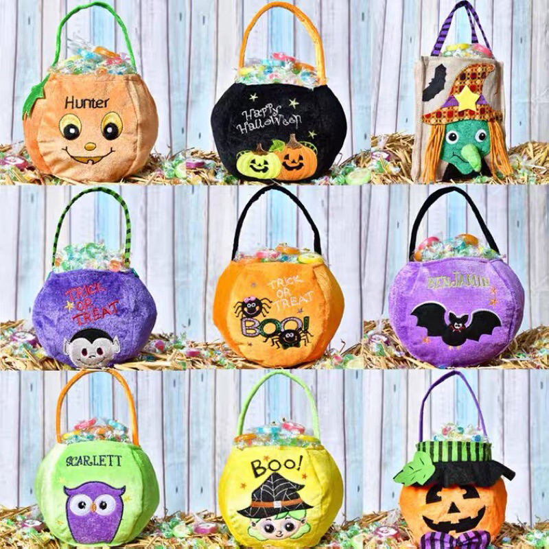 Túi đựng kẹo cầm tay bằng nhung trang trí hình bí ngô phù thuỷ Halloween xinh xắn cho bé trai bé gái