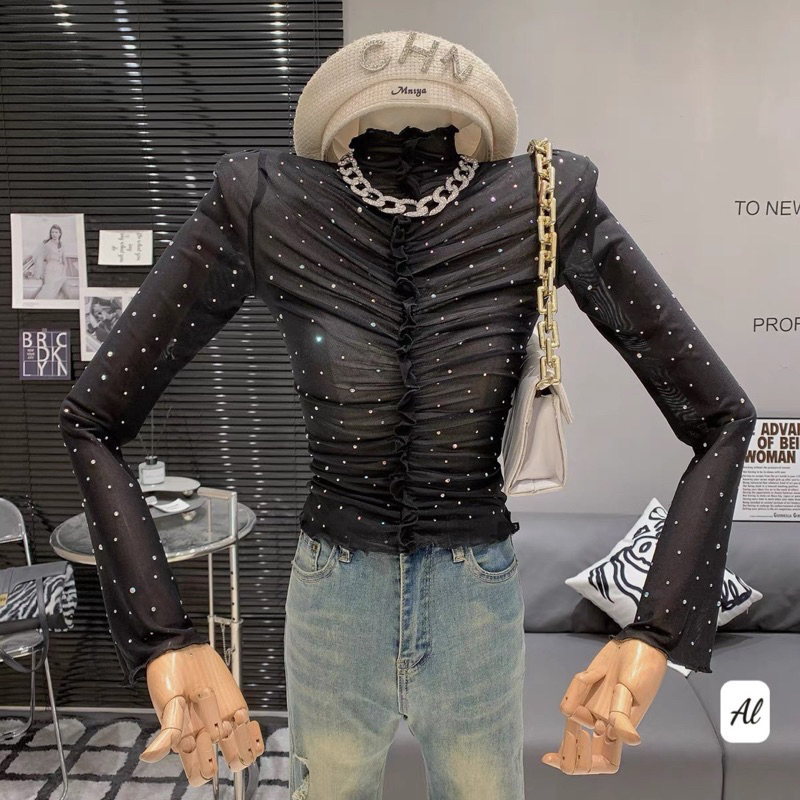 Áo lưới dúm đính đá siêu sang