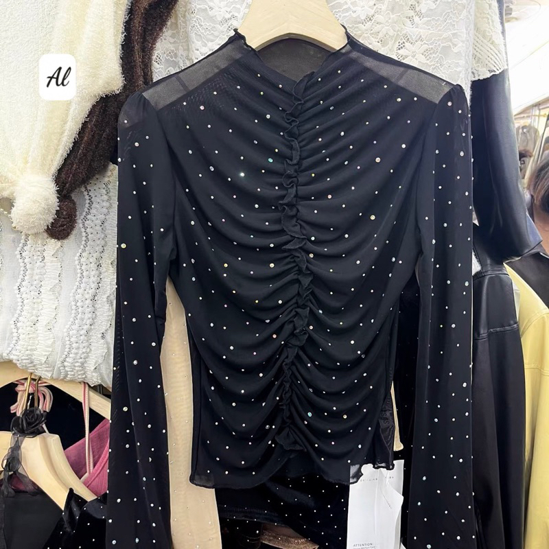 Áo lưới dúm đính đá siêu sang