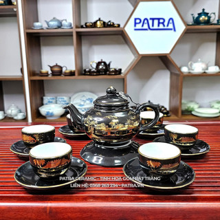 Bộ ấm chén uống trà, bộ ấm chén bát tràng cao cấp - hồn quê men đen bóng