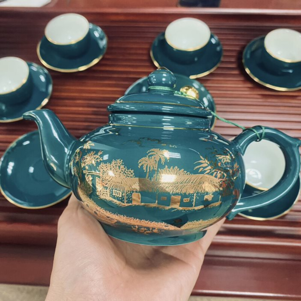 Bộ Ấm Chén Uống Trà, Bộ Ấm Chén Bát Tràng Cao Cấp - Hồn Quê Men Xanh Mallard