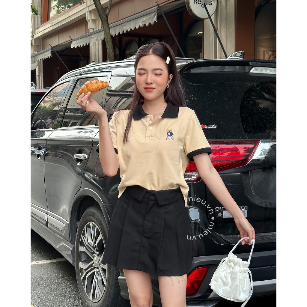 Áo thun nữ cổ polo trẻ trung chất thun cá sấu loại 1 thêu gấu đáng iu MIEU - KS02