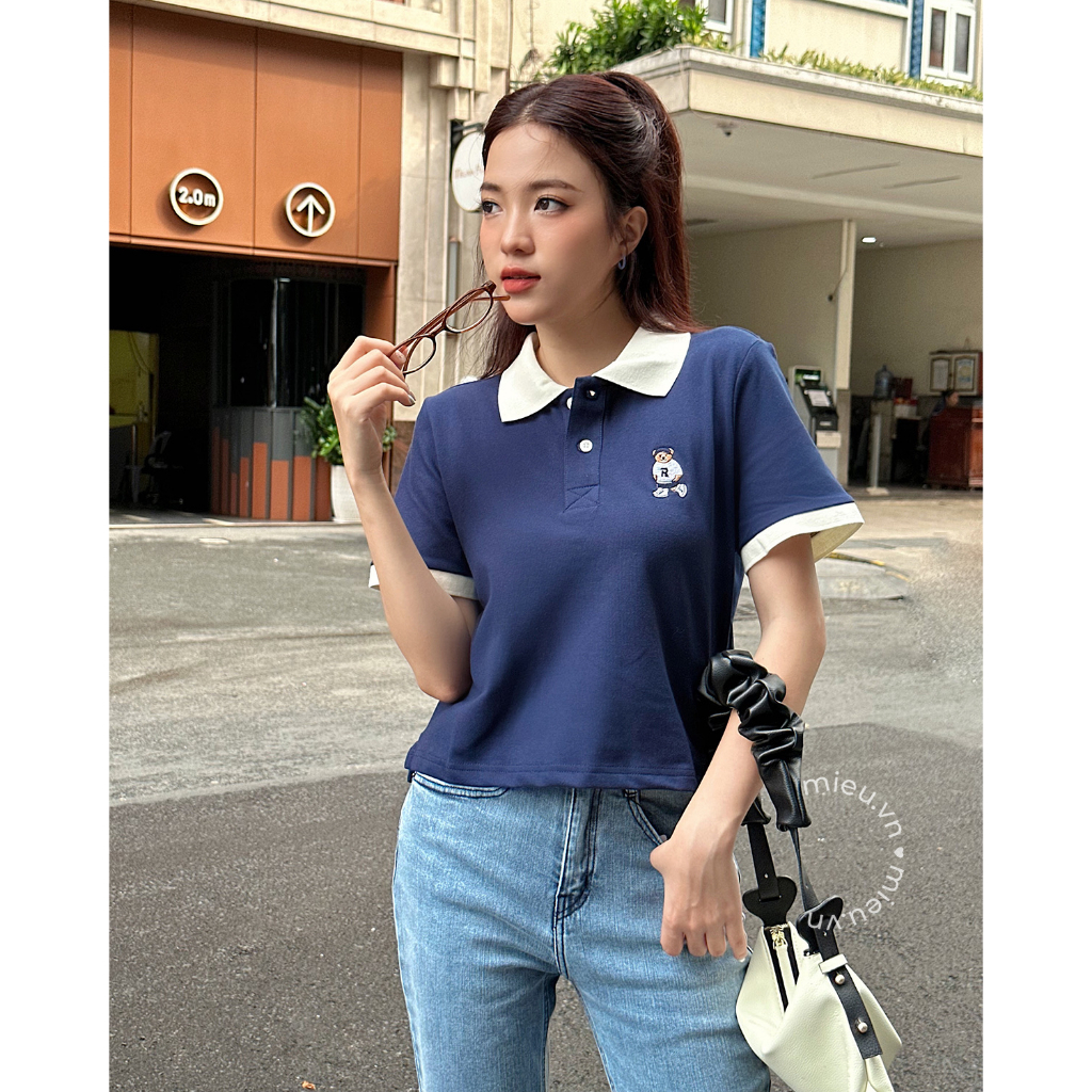 Áo thun nữ cổ polo trẻ trung chất thun cá sấu loại 1 thêu gấu đáng iu MIEU - KS02