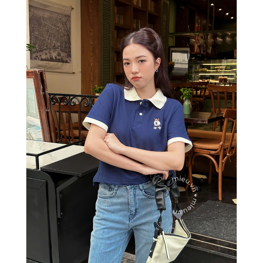 Áo thun nữ cổ polo trẻ trung chất thun cá sấu loại 1 thêu gấu đáng iu MIEU - KS02