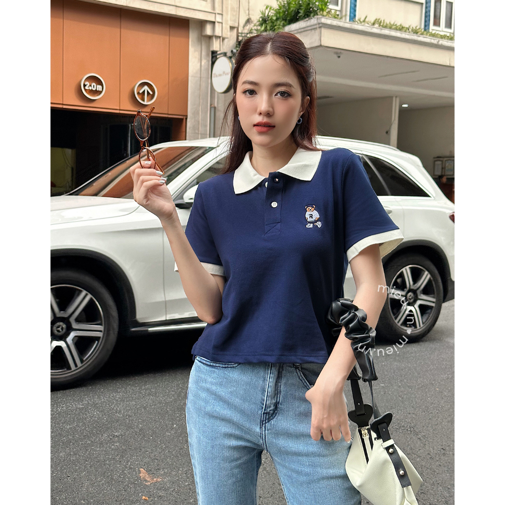 Áo thun nữ cổ polo trẻ trung chất thun cá sấu loại 1 thêu gấu đáng iu MIEU - KS02
