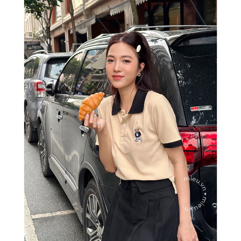 Áo thun nữ cổ polo trẻ trung chất thun cá sấu loại 1 thêu gấu đáng iu MIEU - KS02