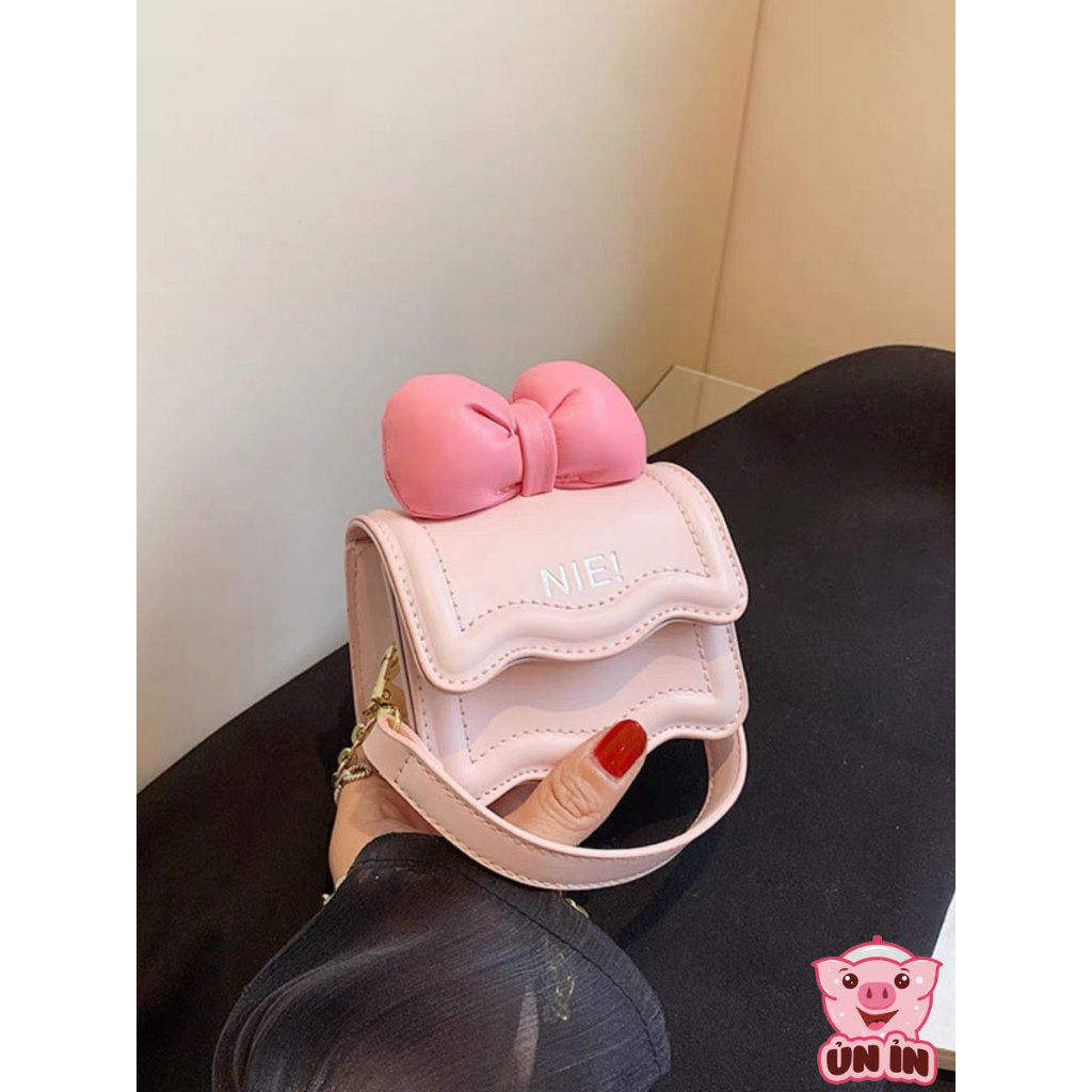 Túi đeo chéo cho bé gái, Túi hộp quai xích phối Nơ xinh NIE nhiều màu đáng yêu chất da PU êm mềm