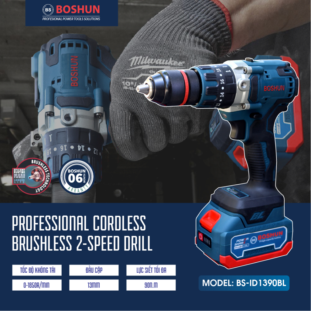 Khoan pin 3 chức năng BOSHUN BS-ID1390BL Không chổi than, Máy khoan pin 13mm có autolock ruột đồng