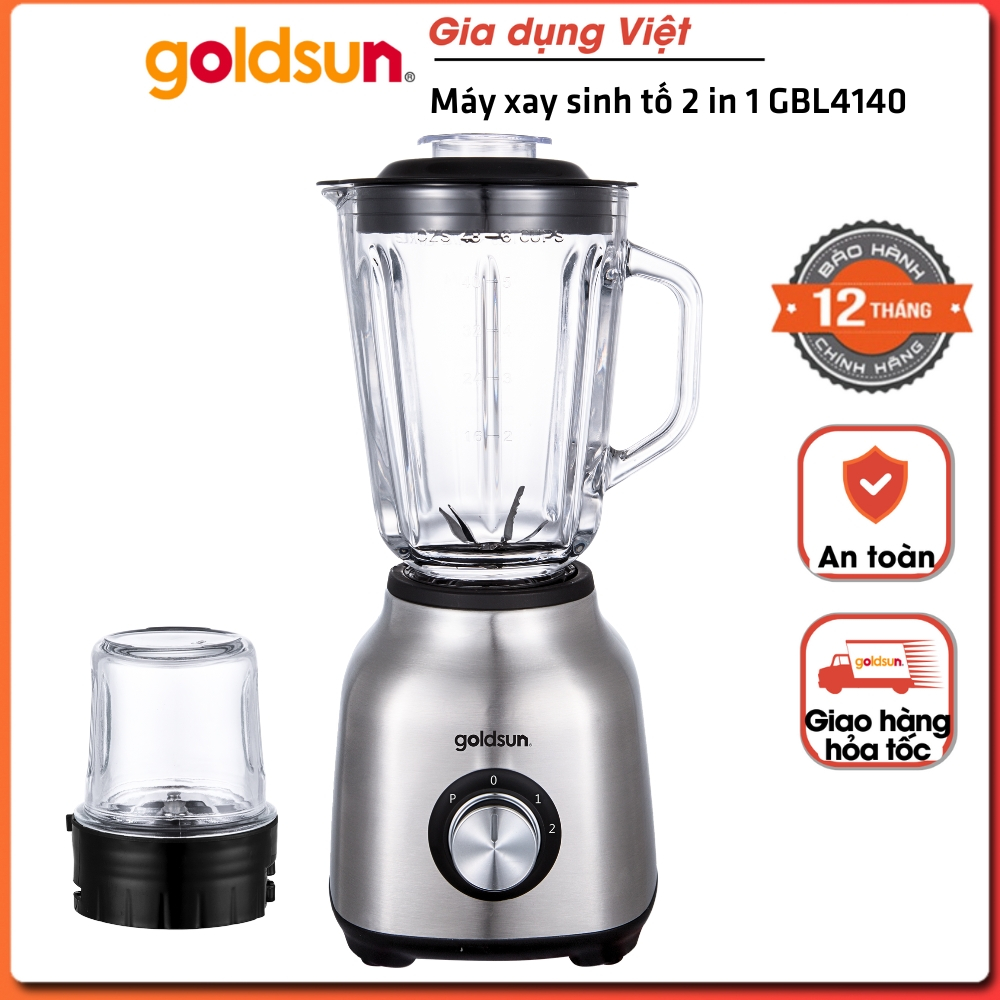 Máy xay sinh tố Goldsun GBL4140 công suất 500W 2 cối xay thủy tinh cao cấp lưỡi dao 6 cánh inox không gỉ, bảo hành 12T