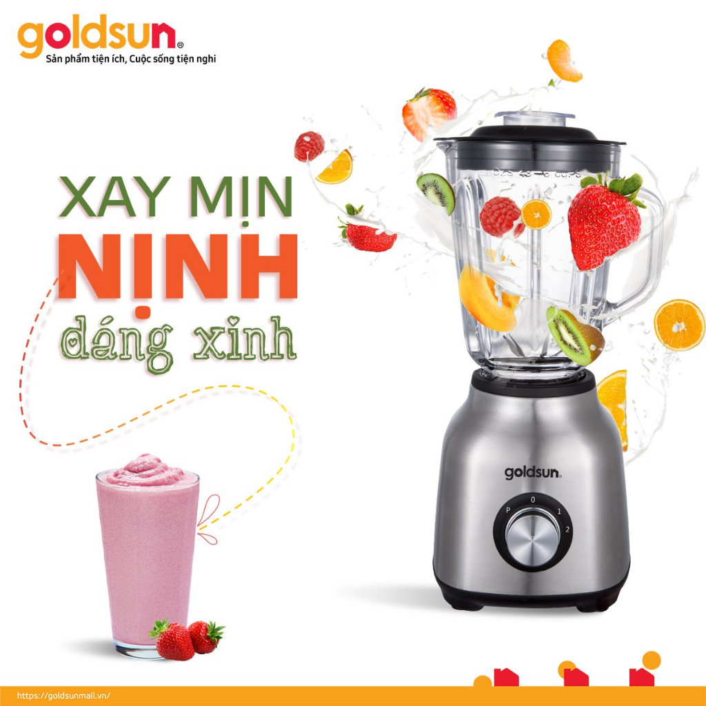 Máy xay sinh tố Goldsun GBL4140 công suất 500W 2 cối xay thủy tinh cao cấp lưỡi dao 6 cánh inox không gỉ, bảo hành 12T