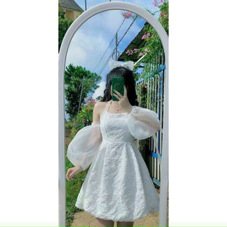 Đầm váy cổ yếm buộc nơ chất gấm hoa nổi phối tay voan bồng bềnh siêu xinh Quảng Châu M2-78