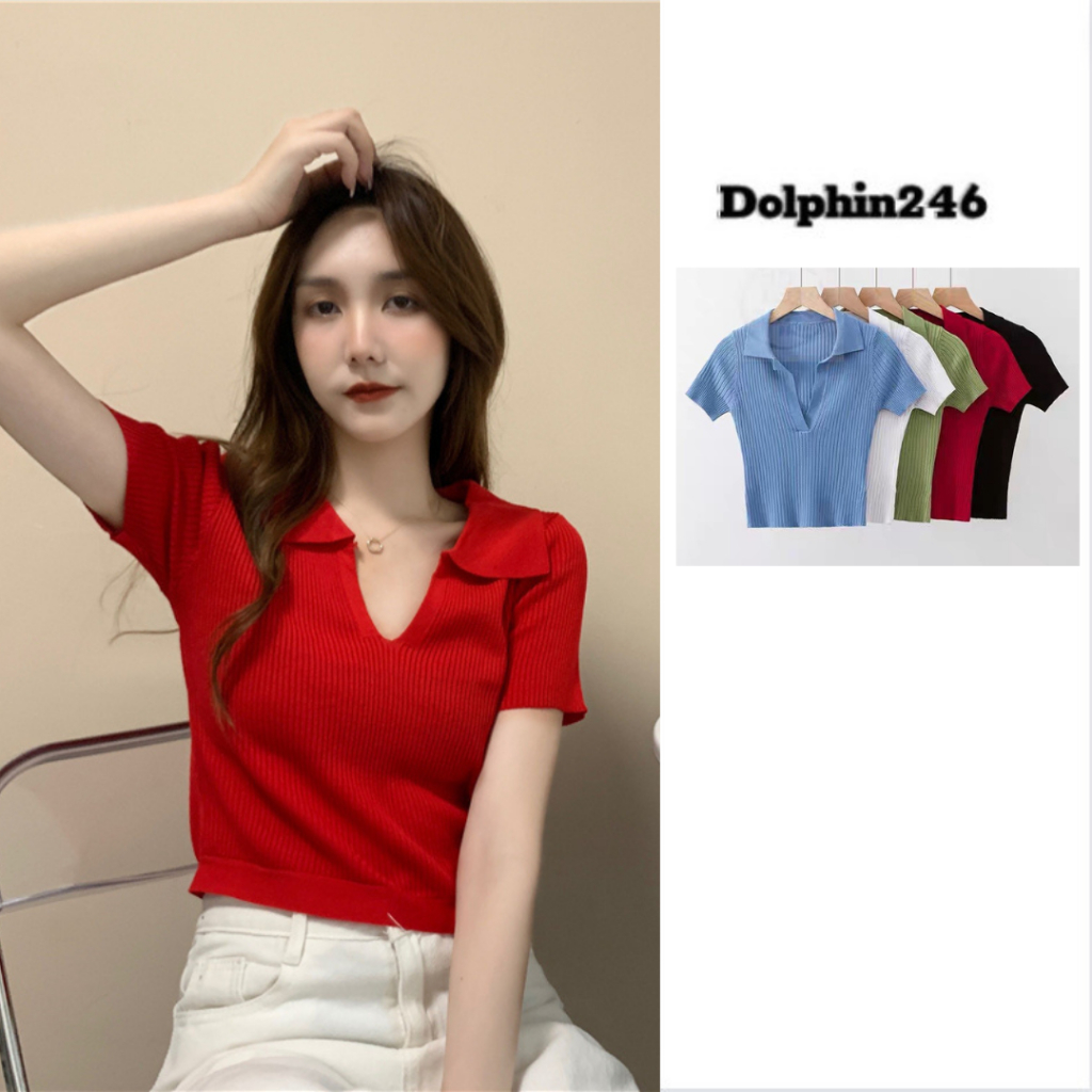 Áo len cổ bẻ polo croptop dệt kim len tăm ngắn tay dáng ôm phong cách trẻ trung dễ phối đồ dây buộc cá tính M168 T-4