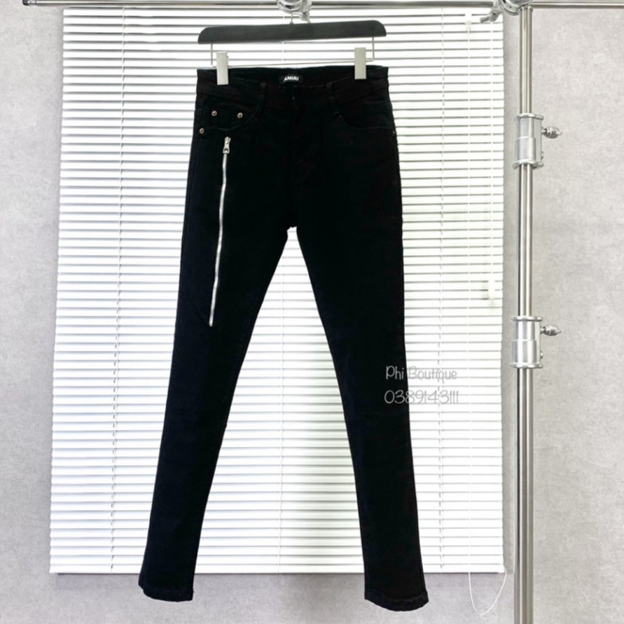 Quần jean bò Nam slimfit đen trơn thêu khoá zip chéo dọc đùi đơn giản basic phong cách đường phố hot trend 2023